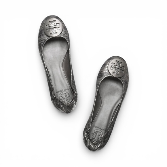 TORY BURCH Reva Lizard Metallic Black and Silver Leather Ballet Flats 8.5